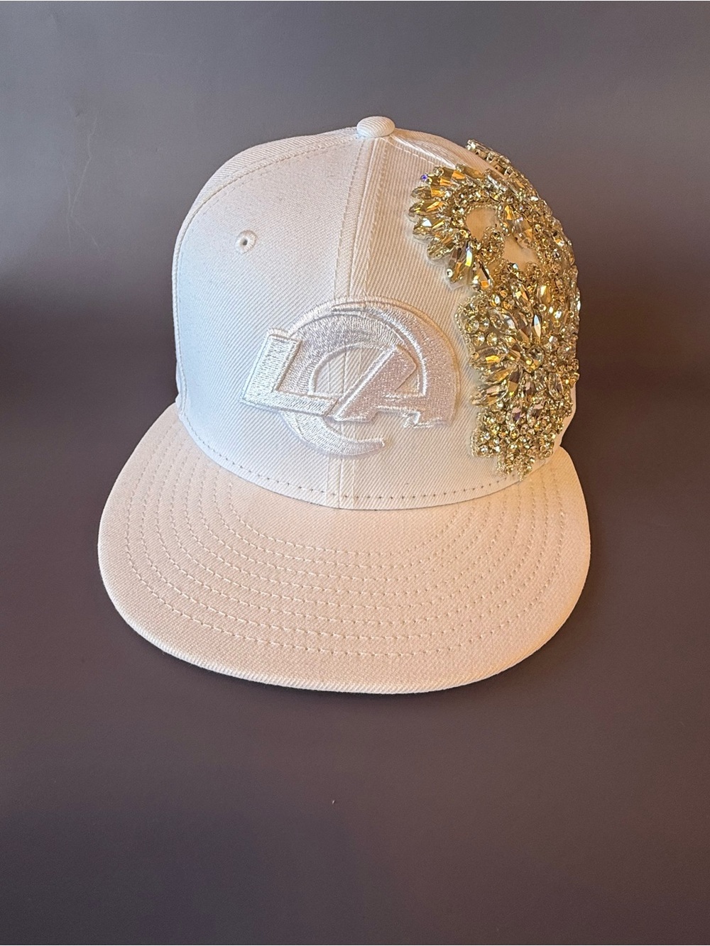 New Era White Baseball Cap with Gold Crystal Embellishment